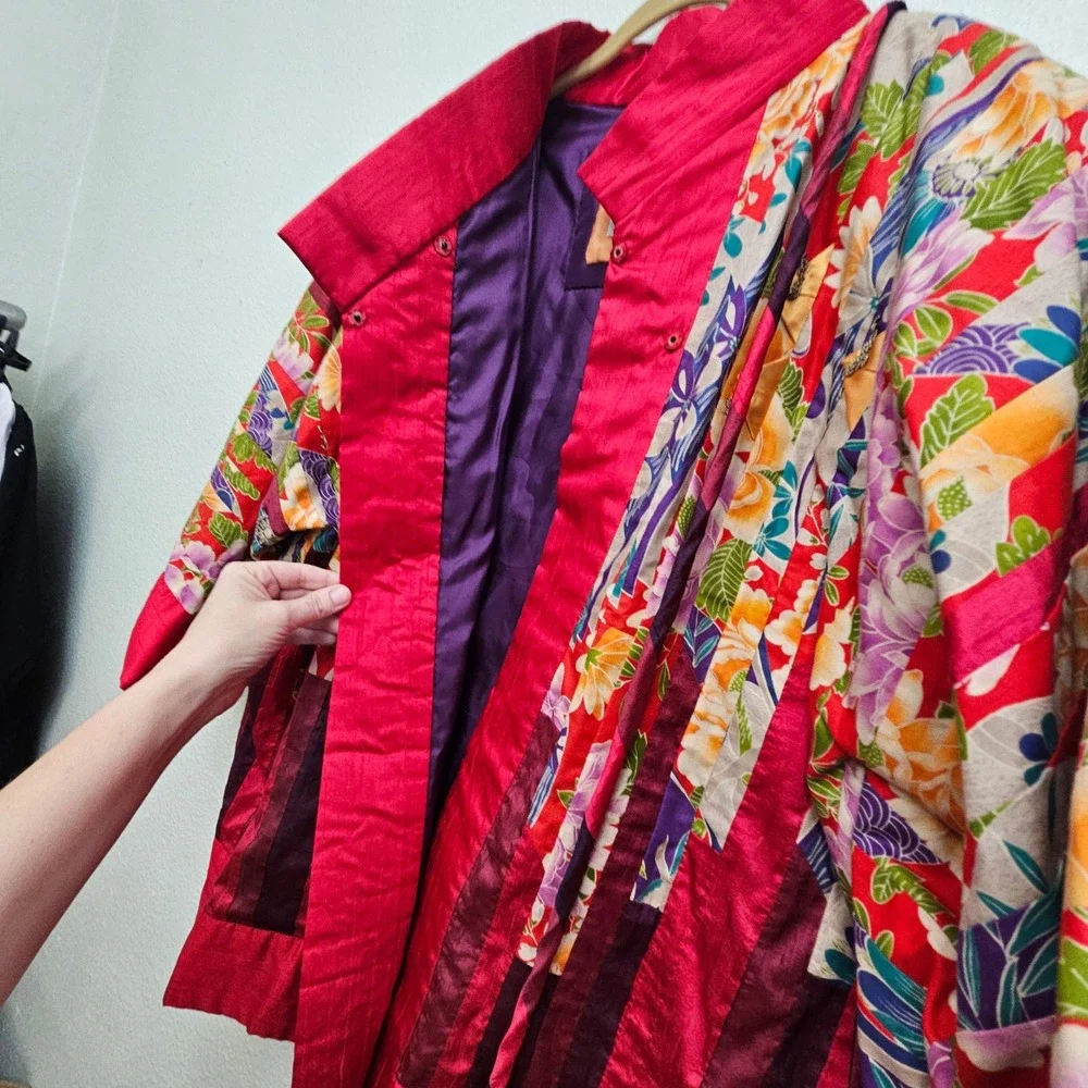 Leilani Bennett Kimono Jacket Set OS Red Silk Floral Patchwork Art Wear Artisan